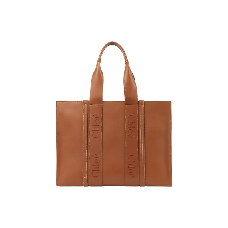Chloe Woody Calfskin Tote Bag Shopping Bag Shoulder Bag Crossbody Bag Handbag Large Size Women's Caramel-0