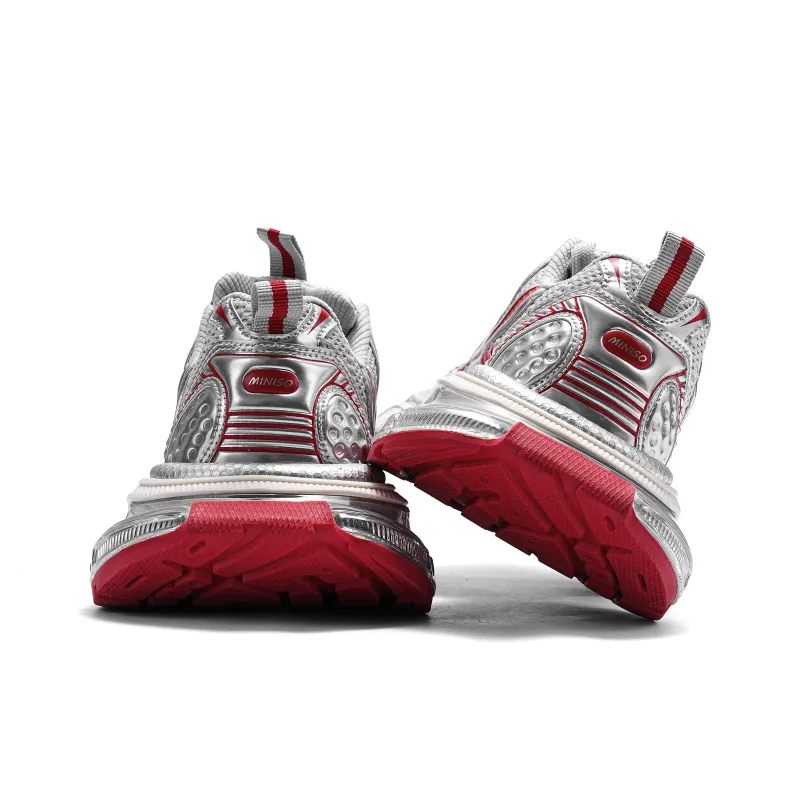 MINISO Chunky Sneakers Unisex Low Top Silver Red-5