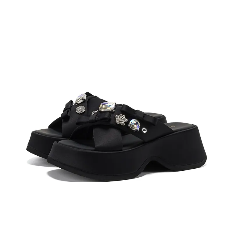 GG CC Slip Resistant Rhinestone Outerwear Slide Slippers Women's Black-1