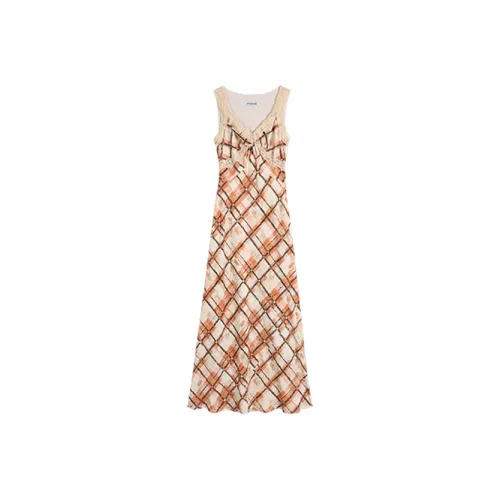 PAZZO Slip Dresses Women's Apricot Base Orange Brown Plaid