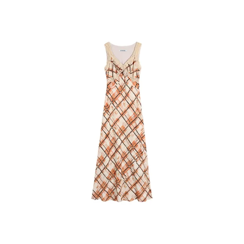 PAZZO Slip Dresses Women's Apricot Base With Orange Brown Plaid-0