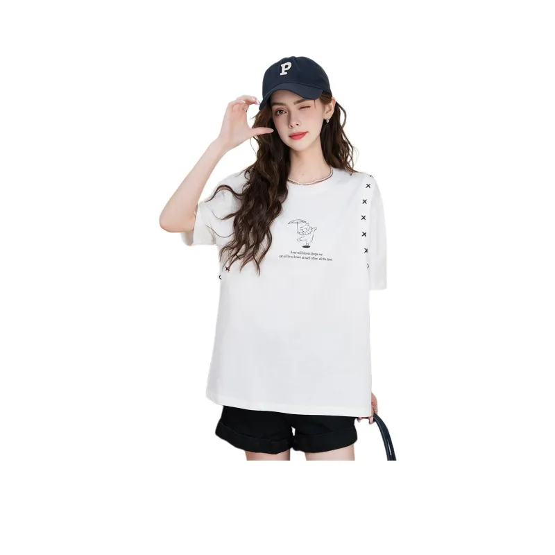 FAWENXIANGZI Drop Shoulder Sleeve T Shirt Women's-0
