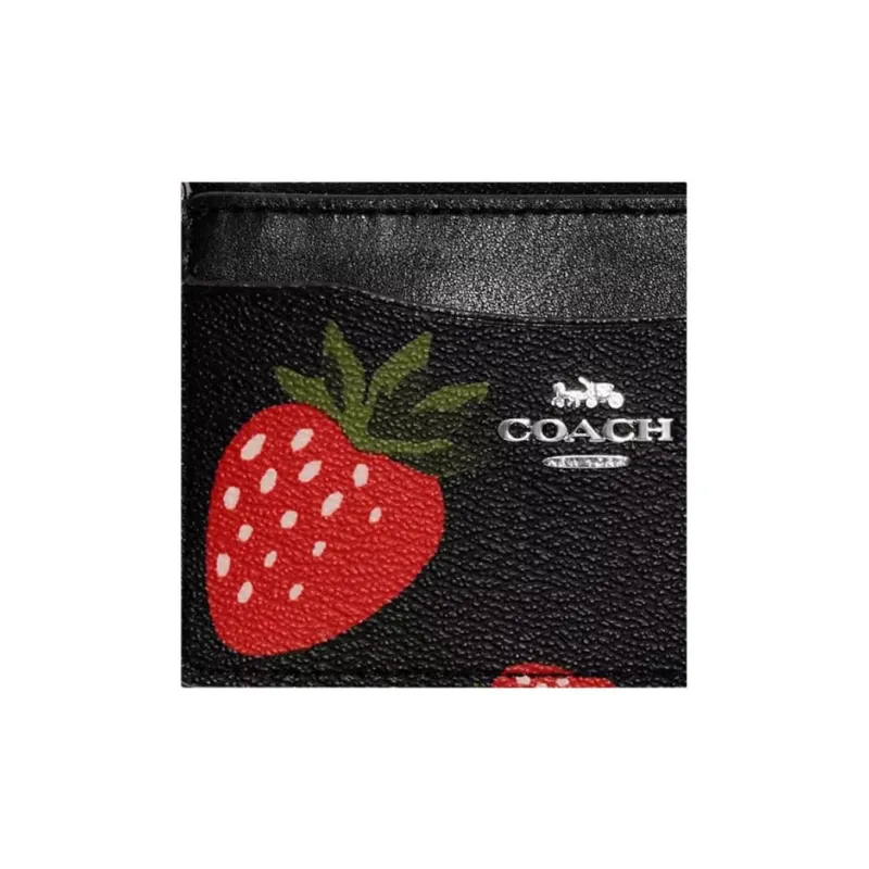 COACH Card Case Canvas With Leather Clutches Wallets Card Holders Small Size Women's Black & Red-2