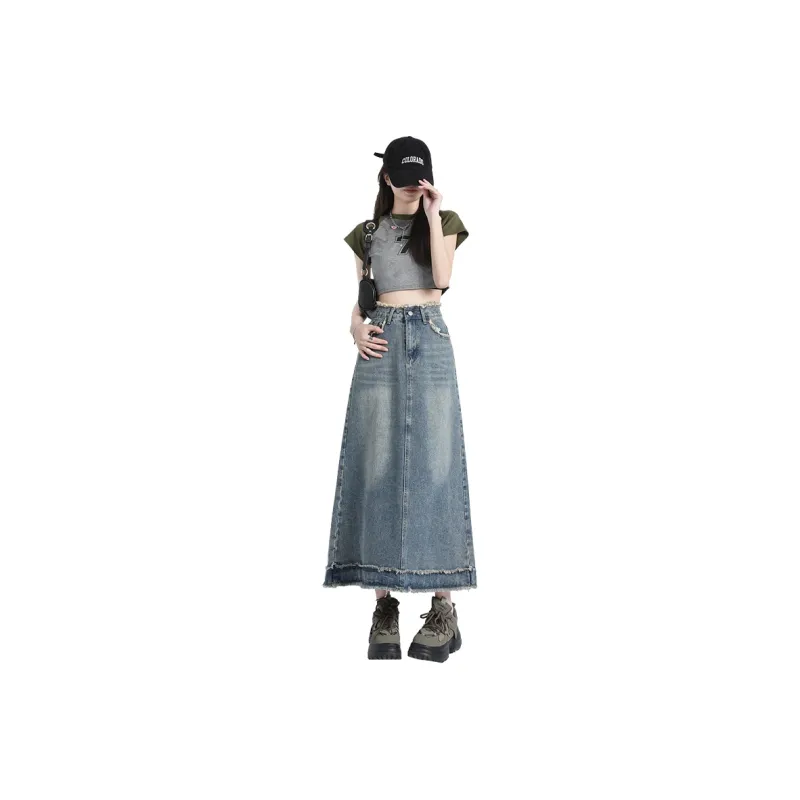 MPOX Denim Long Skirts Women's Vintage Blue-0