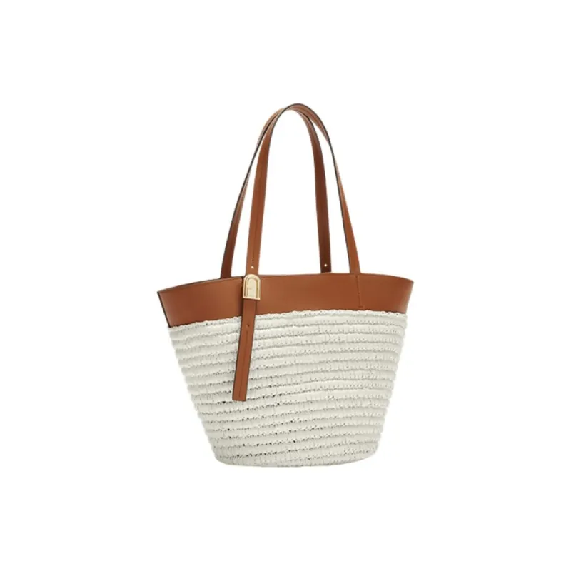 Furla Blended Material Tote Bag, Shopping Bag, Shoulder Bag Trumpets Women's Cognac & White-1