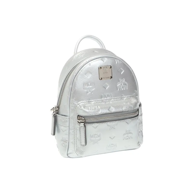 MCM Stark Visetos Leather Backpack Small Size Women's Silver-1