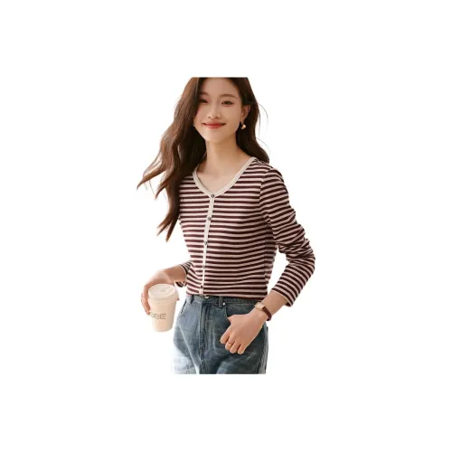 Mo Han Yi Mei T Shirt Women's Red Coffee Stripes
