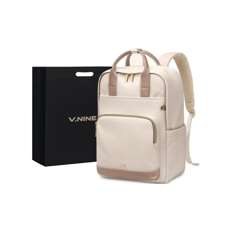 V.NINE Fabric Backpack Laptop Bag Backpack Large Size Unisex Apricot/Black-0