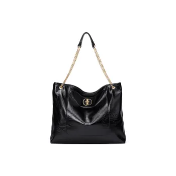 CNOLES Shiny PU Leather Shoulder Bag Tote Women's Black