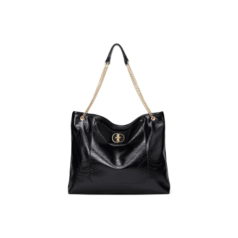 CNOLES Shiny PU Leather Shoulder Bag Tote Women's Black-0