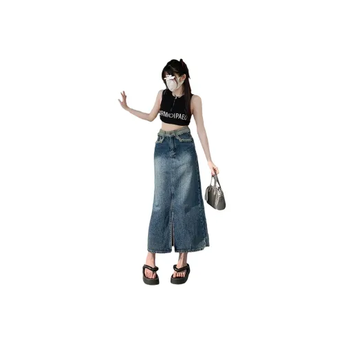 MPOX Denim Long Skirts Women's Dark Blue
