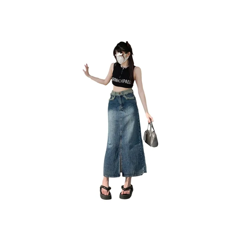 MPOX Denim Long Skirts Women's Dark Blue-0