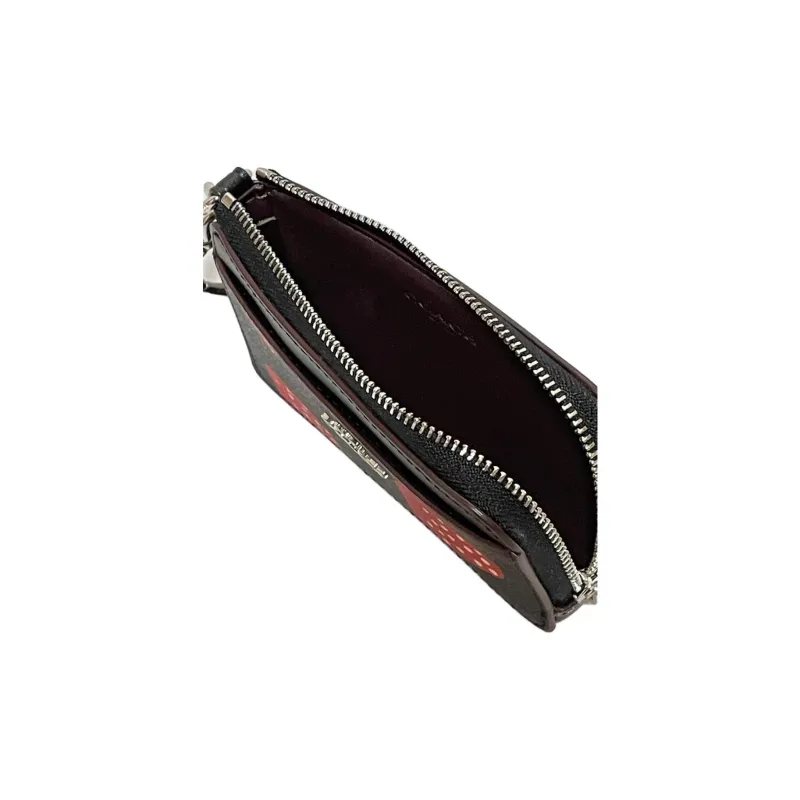 COACH Card Case Canvas With Leather Clutches Wallets Card Holders Small Size Women's Black & Red-4