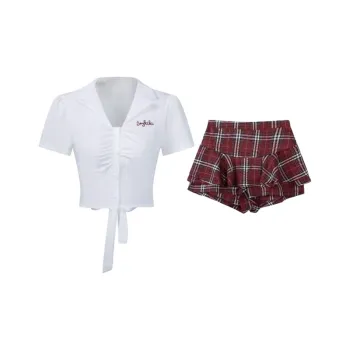 Manekniv Two Piece Skirt Sets Women's White Shirt+Red Plaid Skirt Pants