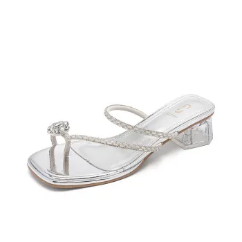 JOSINY Rhinestone Crystal Odor Resistant, Abrasion Resistant Slide Slippers Women's Silver