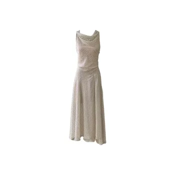 DOKZB Sleeveless Dresses Women's Apricot Coffee Stripes
