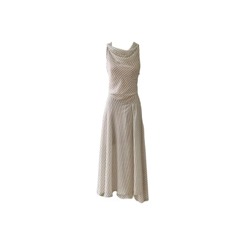 DOKZB Sleeveless Dresses Women's Apricot Coffee Stripes-0