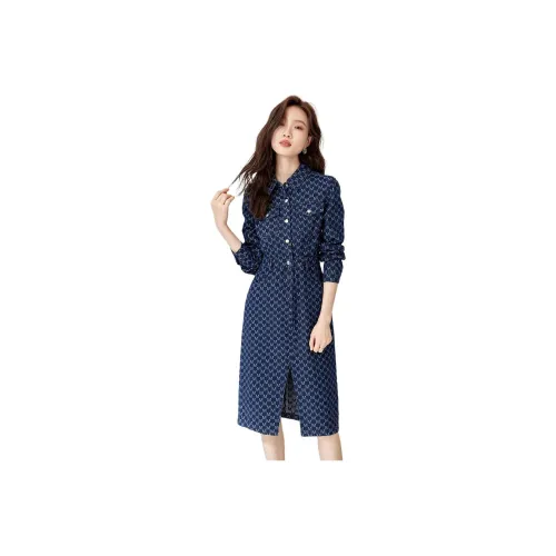 Mo Han Yi Mei Long Sleeved Dress Women's Denim Blue