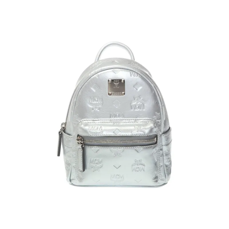 MCM Stark Visetos Leather Backpack Small Size Women's Silver-0