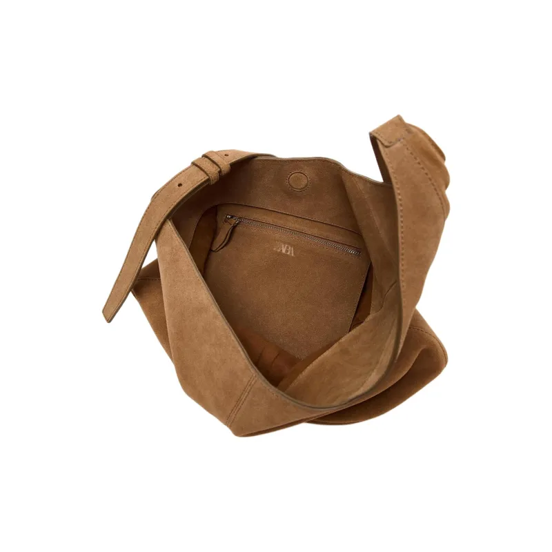 ZARA Cow Leather Bucket Bag, Shoulder Bag Large Size Women's Dark Brown Yellow-3