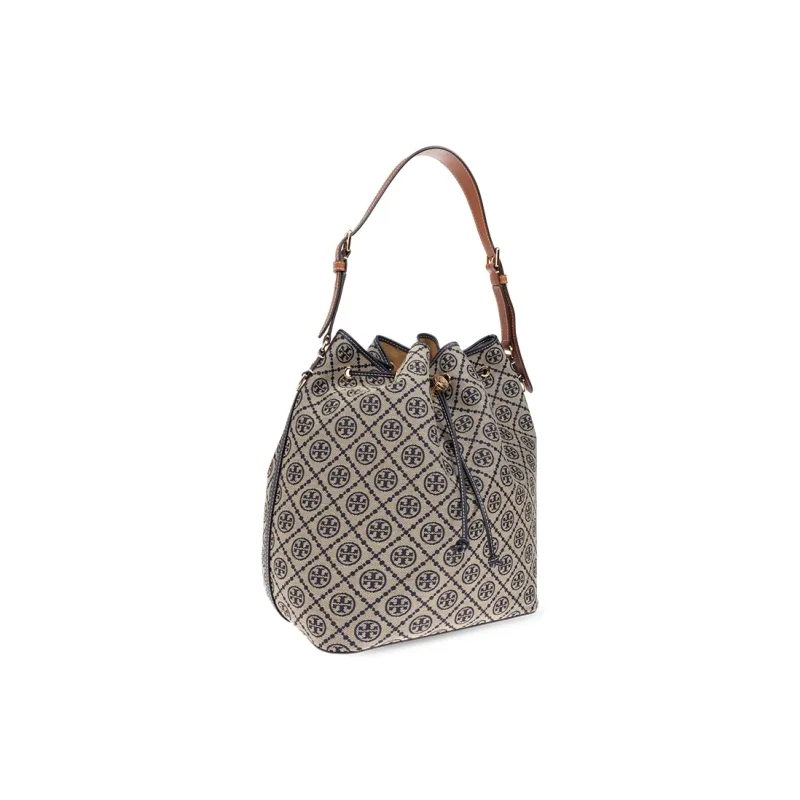 TORY BURCH T Monogram Fabric With Leather Bucket Bag, One Shoulder Handbag Women's Beige-1