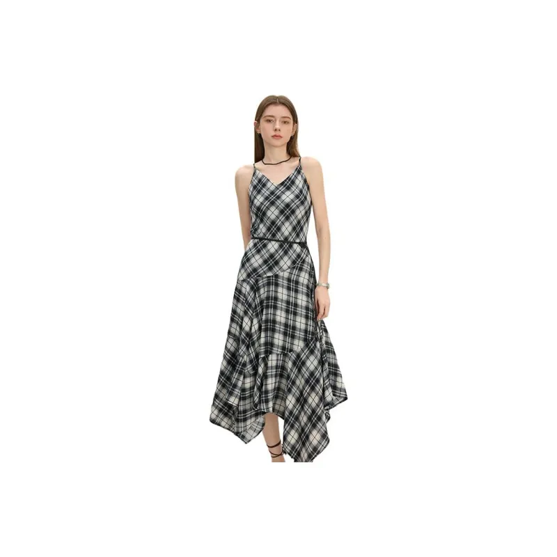 FANSILANEN Slip Dresses Women's Black Beige Plaid-0