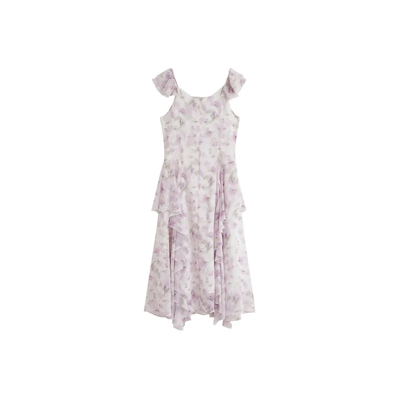 Inman Sleeveless Dresses Women's Romantic White With Purple Floral-1