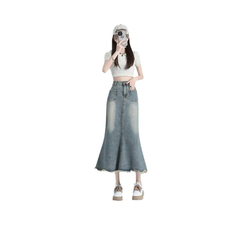 MPOX Denim Long Skirts Women's Light Blue-0