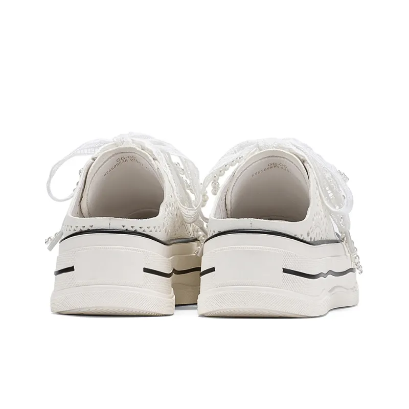 GG CC Slip Resistant Abrasion Resistant Cut Out Beads Breathable Closed Toe Slippers Women's White-3