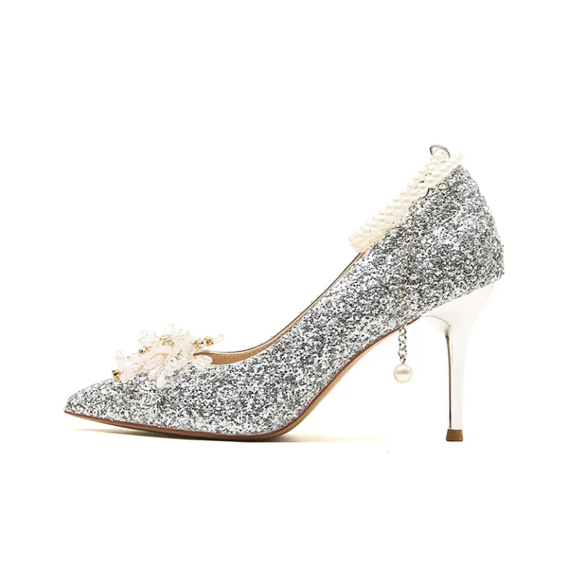 HKCP High Heels Women's Champagne, Silver, Black-5