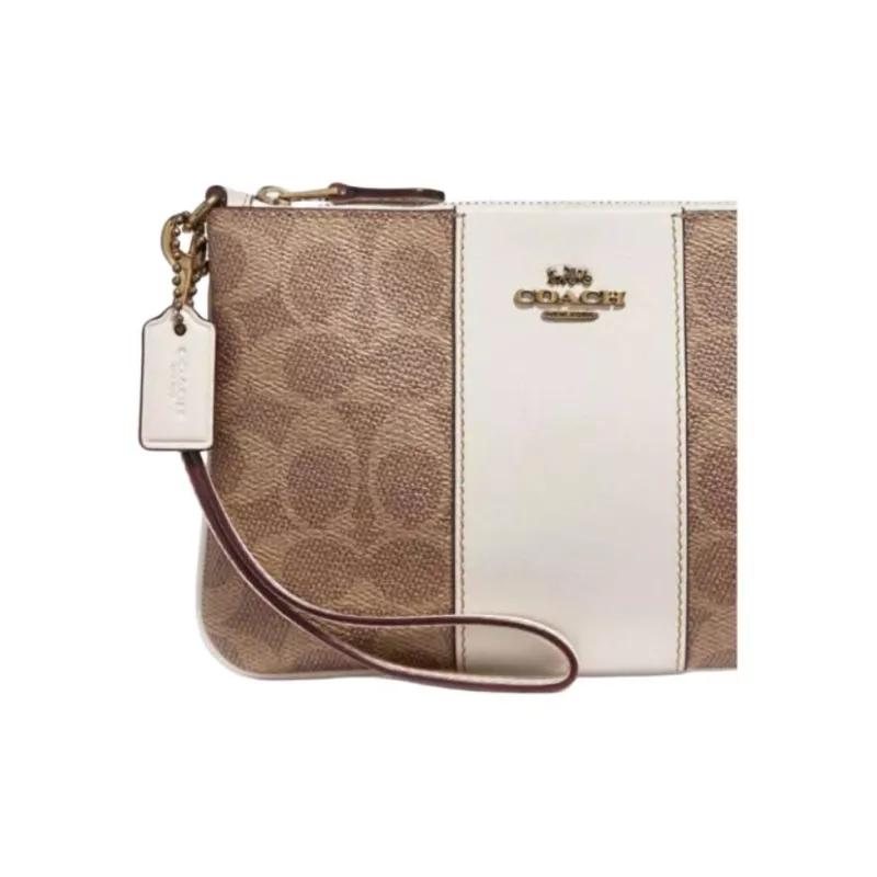 COACH Wristlet Canvas With Leather Handheld Wrist Bag Pochette Small Size Women's White & Brown Monogram-3