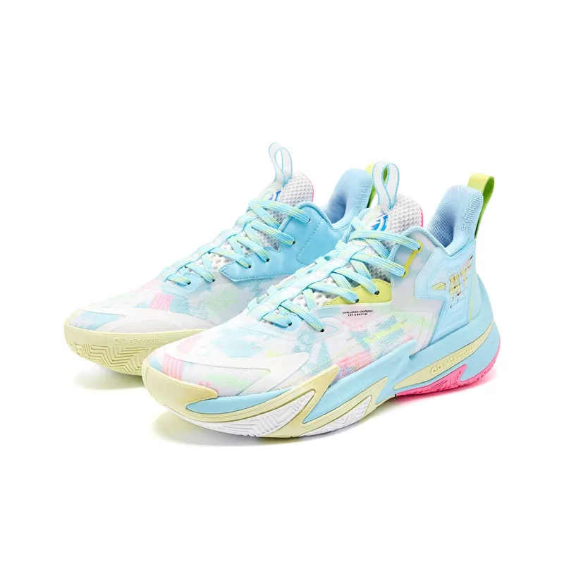 QIAODAN Broken Shadow 5 Cushioning, Wear Resistant Low Top Basketball Shoes Men's Waterdrop Blue Aurora Pink-2