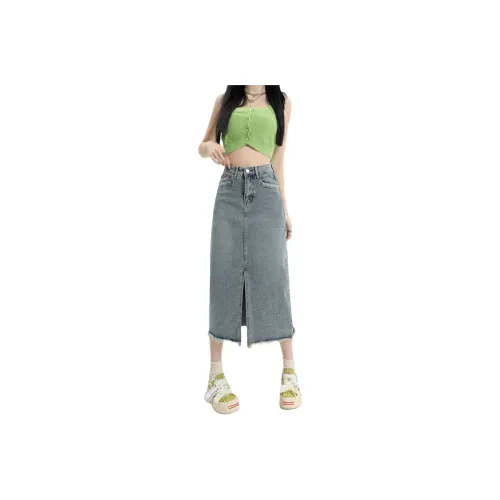 MPOX Denim Long Skirts Women's Light Blue