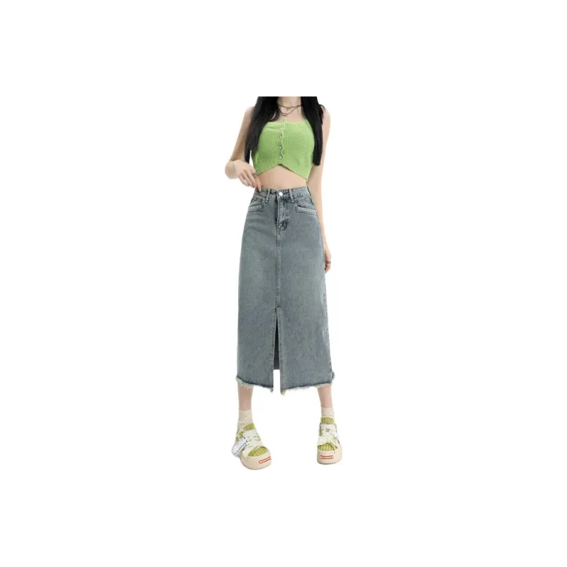 MPOX Denim Long Skirts Women's Light Blue-0