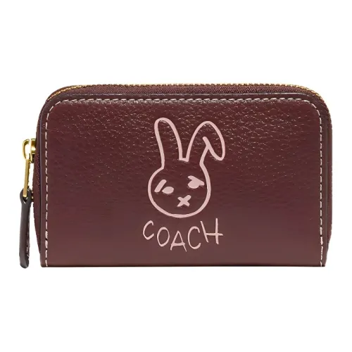 COACH Zip Around Pebbled Leather Wallets Card Holders Small Size Women's Brown