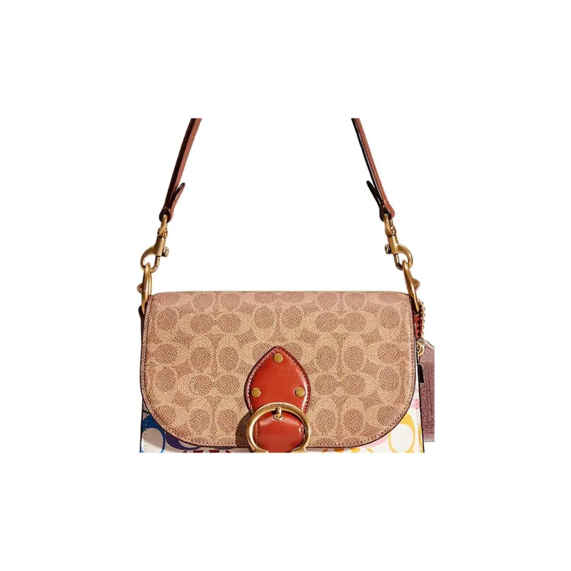 COACH Beat Canvas With Calfskin Square Bag, Shoulder Bag, Handbag Medium Size Women's Brass & Tan Truffle Rust-3