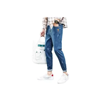 YUQIAN Jeans Men Blue Ankle Length Pants