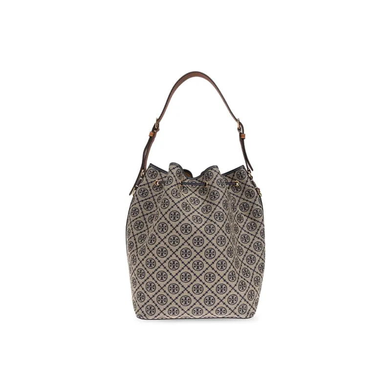 TORY BURCH T Monogram Fabric With Leather Bucket Bag, One Shoulder Handbag Women's Beige-2