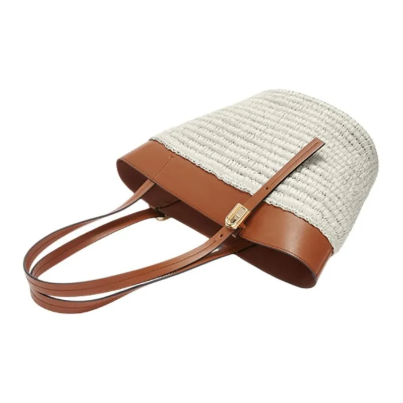 Furla Blended Material Tote Bag, Shopping Bag, Shoulder Bag Trumpets Women's Cognac & White-2