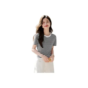 Mo Han Yi Mei T Shirt Women's Black White Stripes