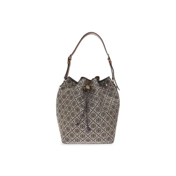 TORY BURCH T Monogram Fabric With Leather Bucket Bag, One Shoulder Handbag Women's Beige