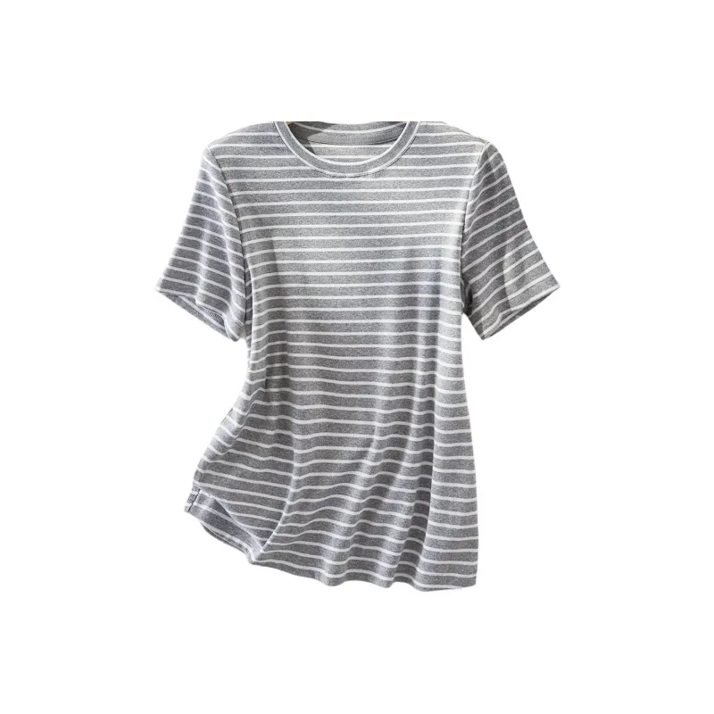 IHIMI T Shirts Women's Beige Gray Stripes-0