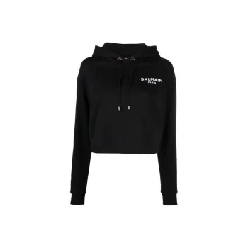 BALMAIN Flock Detail Cropped Hoodie 'Black/White'