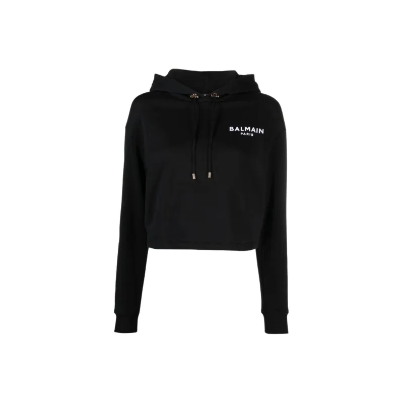 BALMAIN Flock Detail Cropped Hoodie 'Black/White'-0