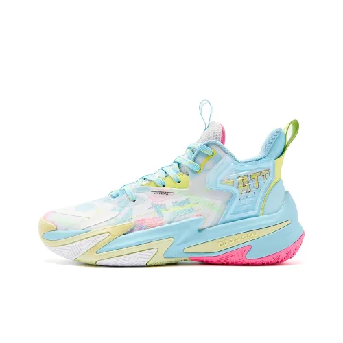 QIAODAN Broken Shadow 5 Cushioning, Wear Resistant Low Top Basketball Shoes Men's Waterdrop Blue Aurora Pink