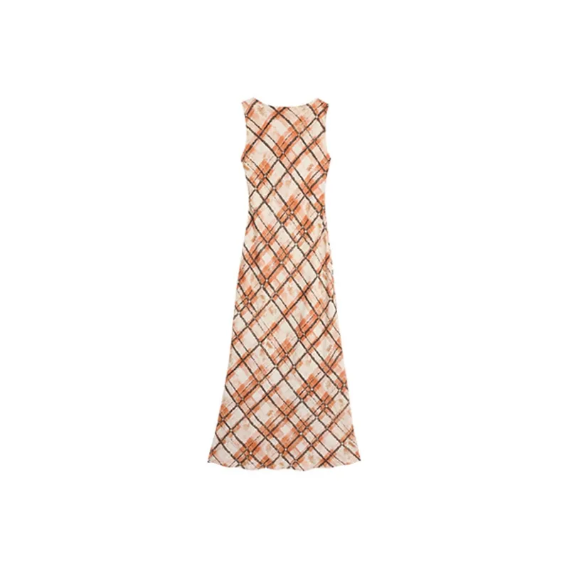 PAZZO Slip Dresses Women's Apricot Base With Orange Brown Plaid-1