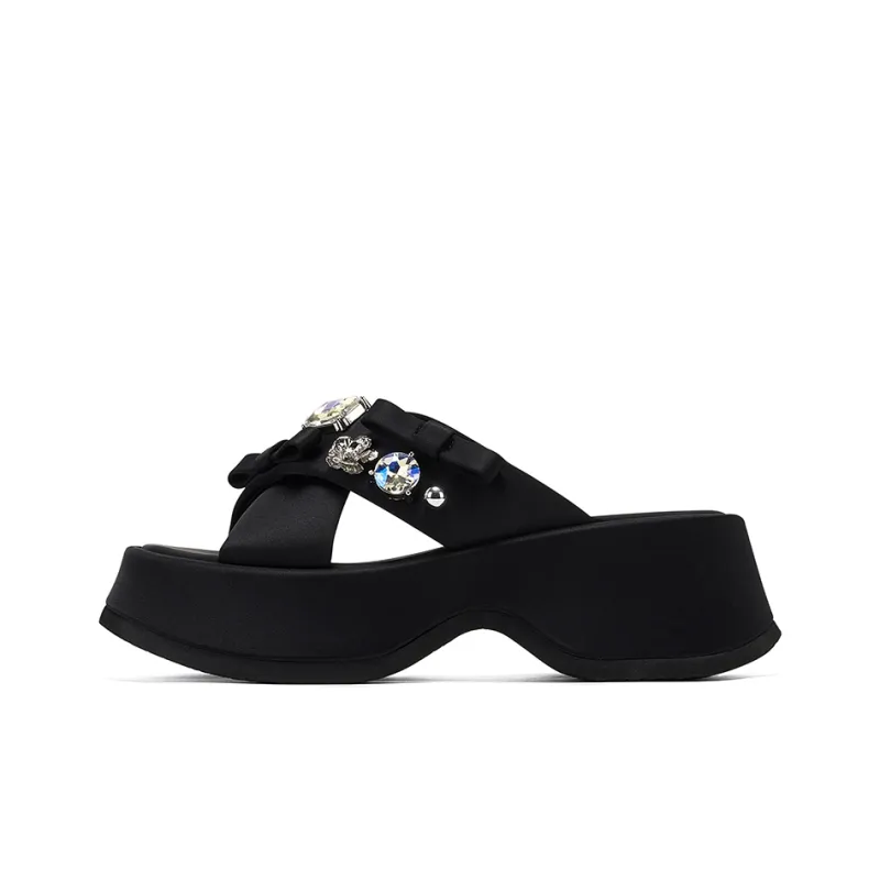 GG CC Slip Resistant Rhinestone Outerwear Slide Slippers Women's Black-0