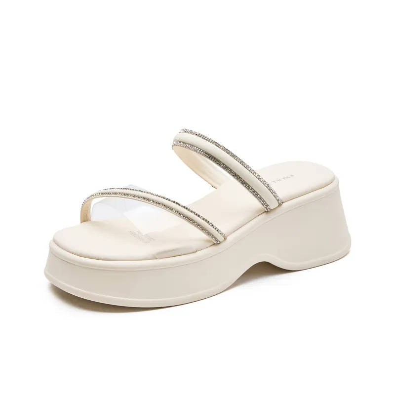 EXULL Q PU Polyurethane Rhinestone Slip Resistant Slide Slippers Women's Ecru-1