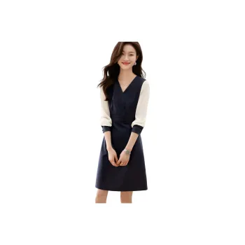 Mo Han Yi Mei Long Sleeved Dress Women's Navy Blue & Ecru
