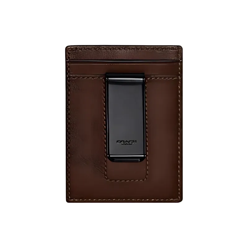 COACH Card Case Calfskin Money Clip Card Holder Men's Dark Brown-1